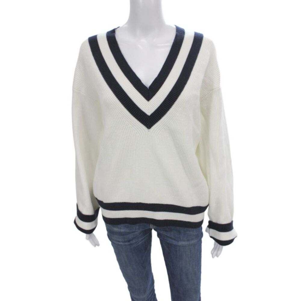 Grey Lab Womens Striped V-Neck Pullover Sweater White Rayon Size M